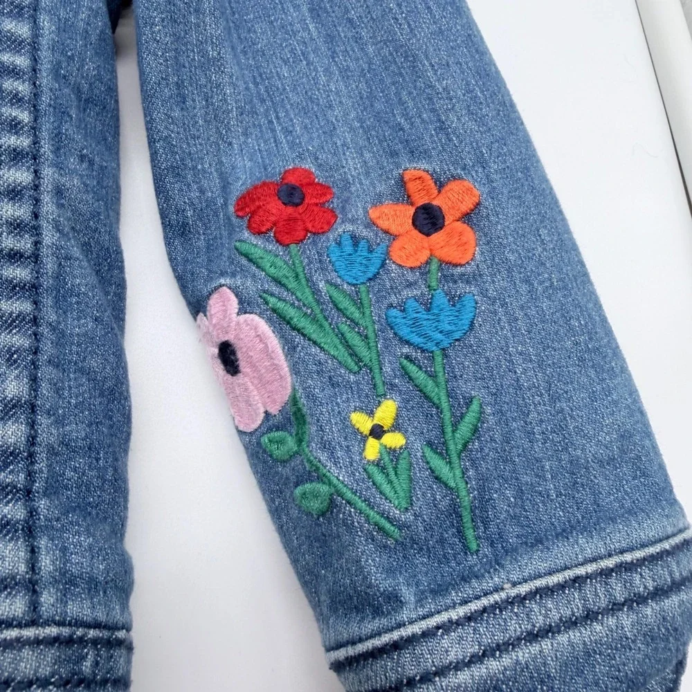 Hanna Andersson Girls Sherpa Lined Denim Jacket Lion Unicorn Embroidered Blue 8